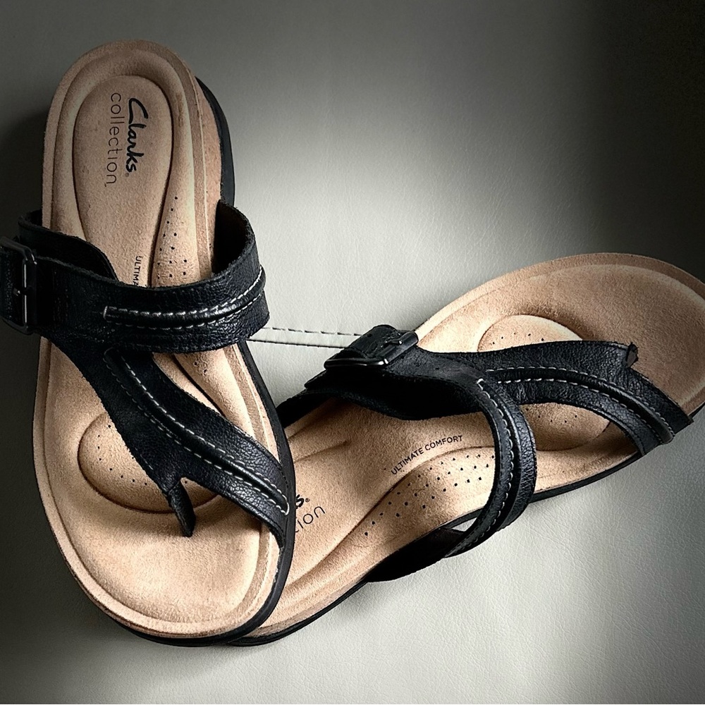 Clarks Black and Cream Sandals with Leather Straps